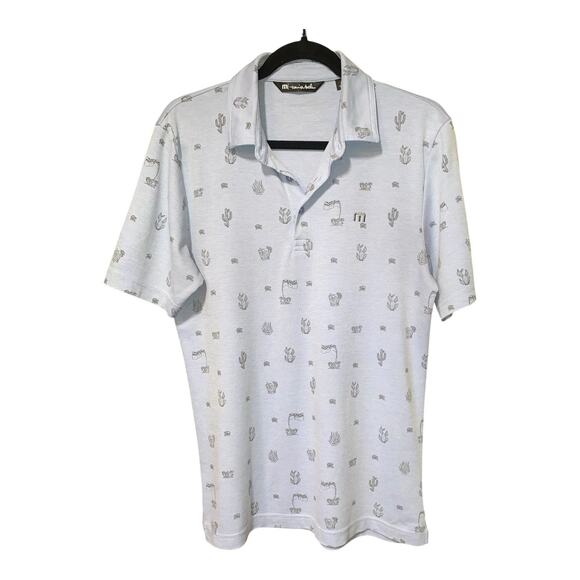 Travis Mathew Polo Shirt Mens Small Blue Panning for Gold Cactus All Over Print - Picture 1 of 3